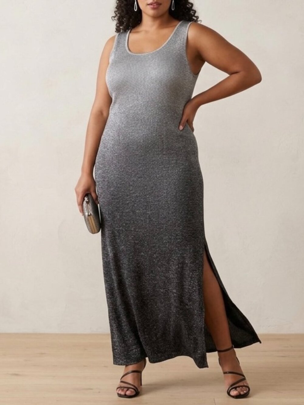 Onyx Nite by Wendye Chaitin Black Metallic Ombre Knit Maxi Dress 2X Bodycon Lux